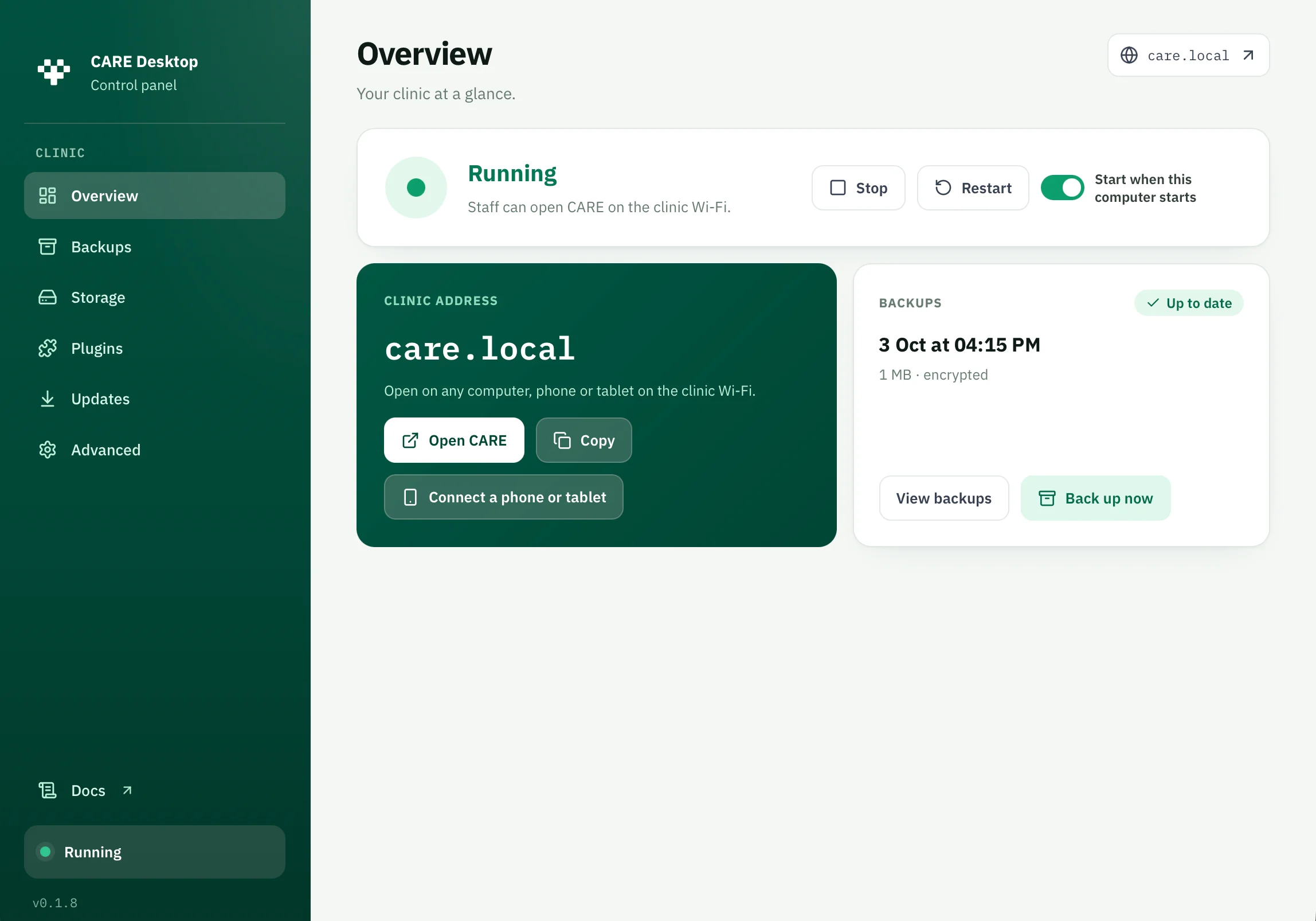 CARE Clinic Overview: clinic status, local address, phone connection and encrypted backup summary