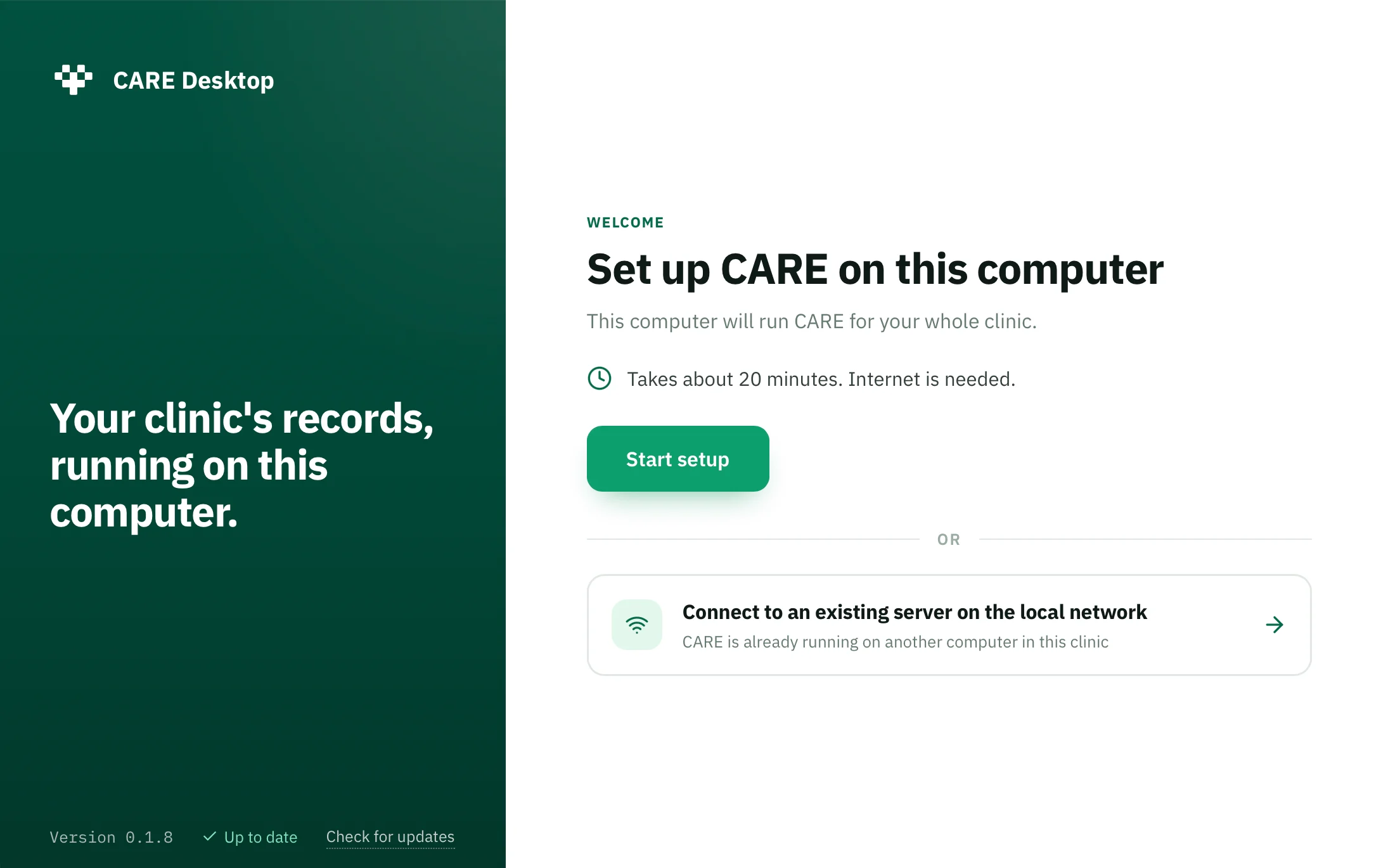 The first-run choice: start setup or connect to an existing clinic, with earlier CARE Desktop branding