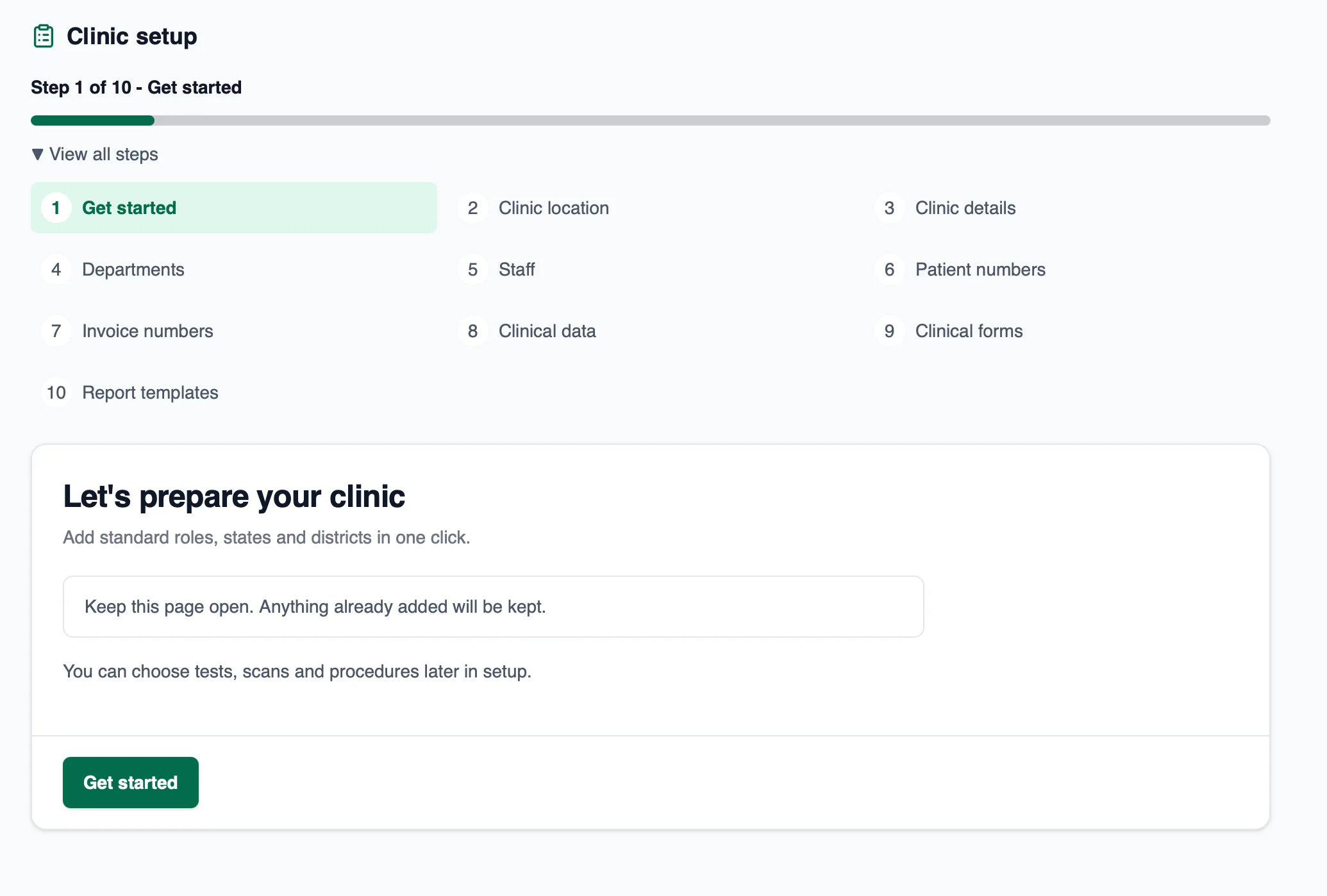 CARE Onboarding Get started screen showing the ten clinic setup steps, before facility setup begins