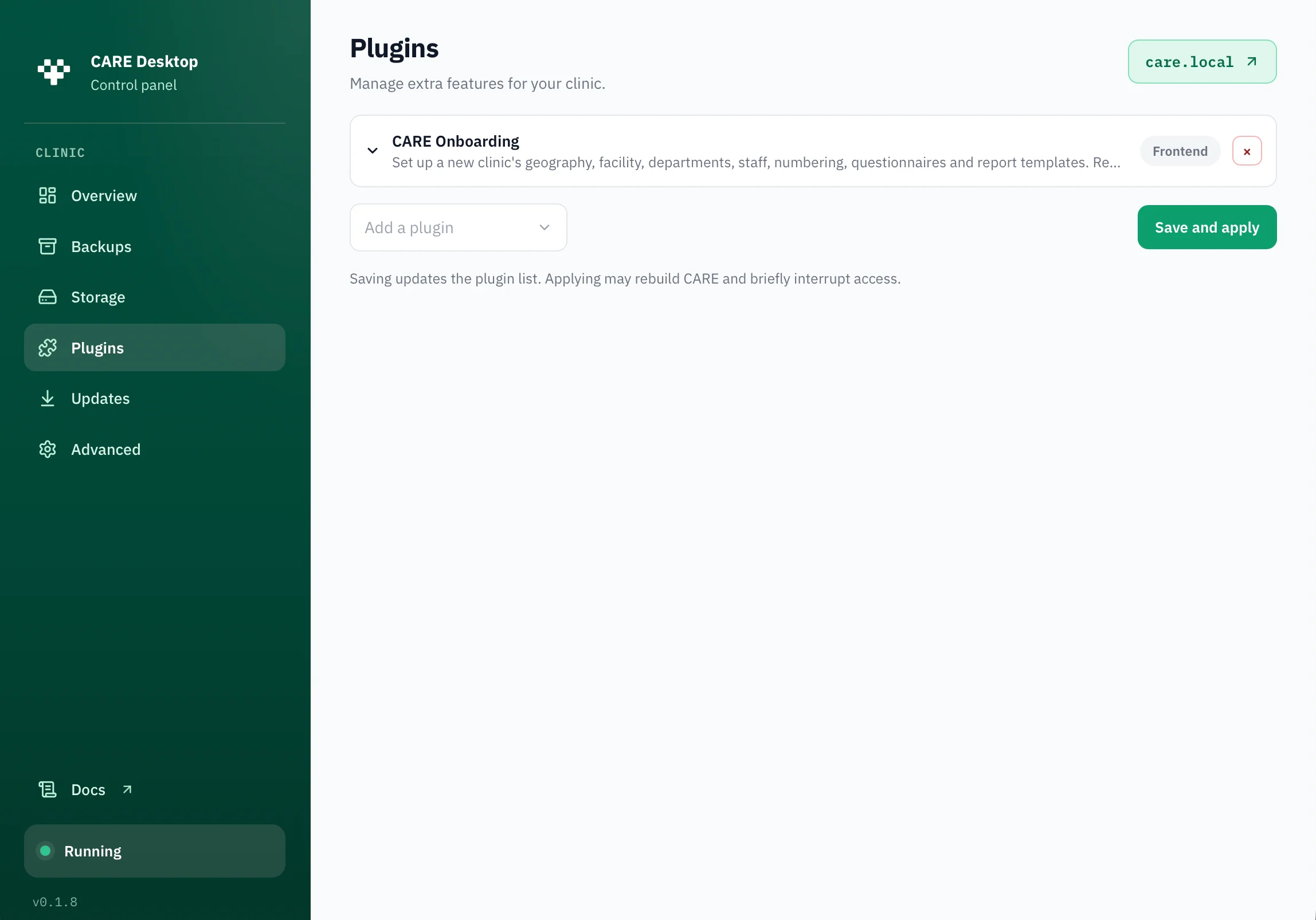 Top-level Plugins tab showing CARE Onboarding and Save and apply, with earlier CARE Desktop branding